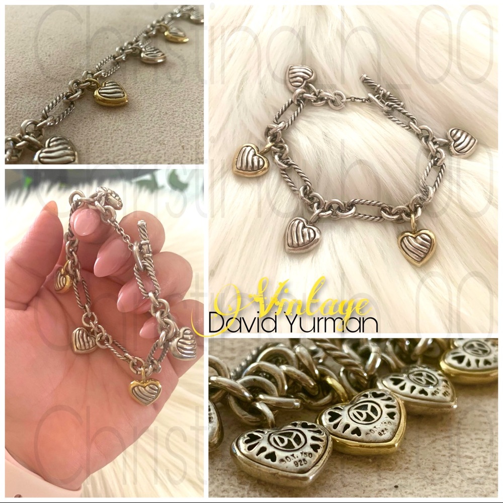 Vintage 18k David Yurman 5 hearts charm bracelet gold & silver..